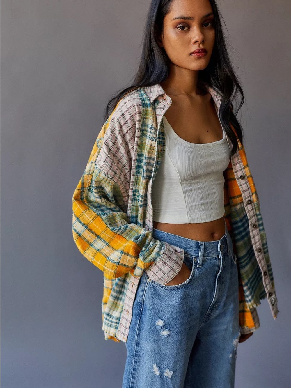UO Ted Patchwork Yellow Flannel Shirt Button Down Plaid Urban Outfitters Size XS